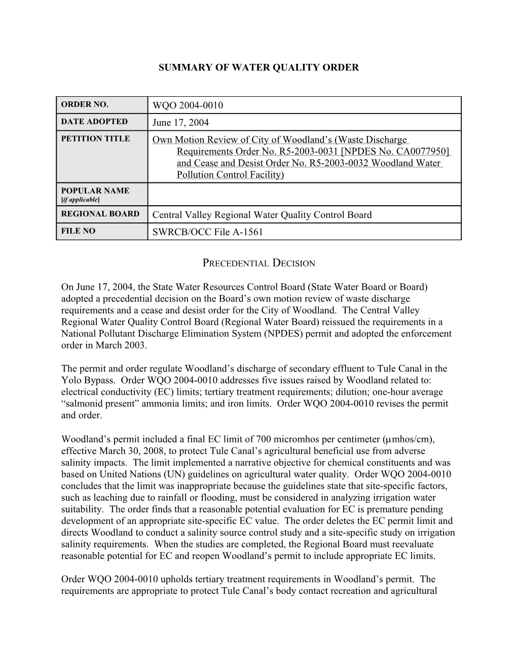 Summary of Water Quality Order