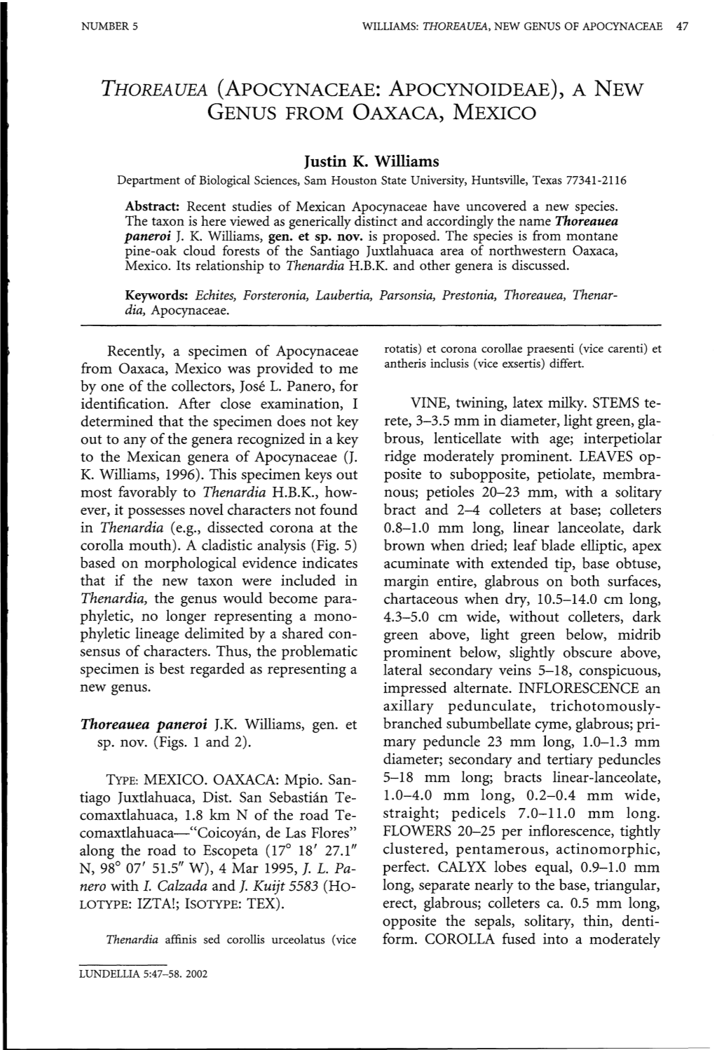 Apocynaceae: Apocynoideae), a New Genus from Oaxaca, Mexico