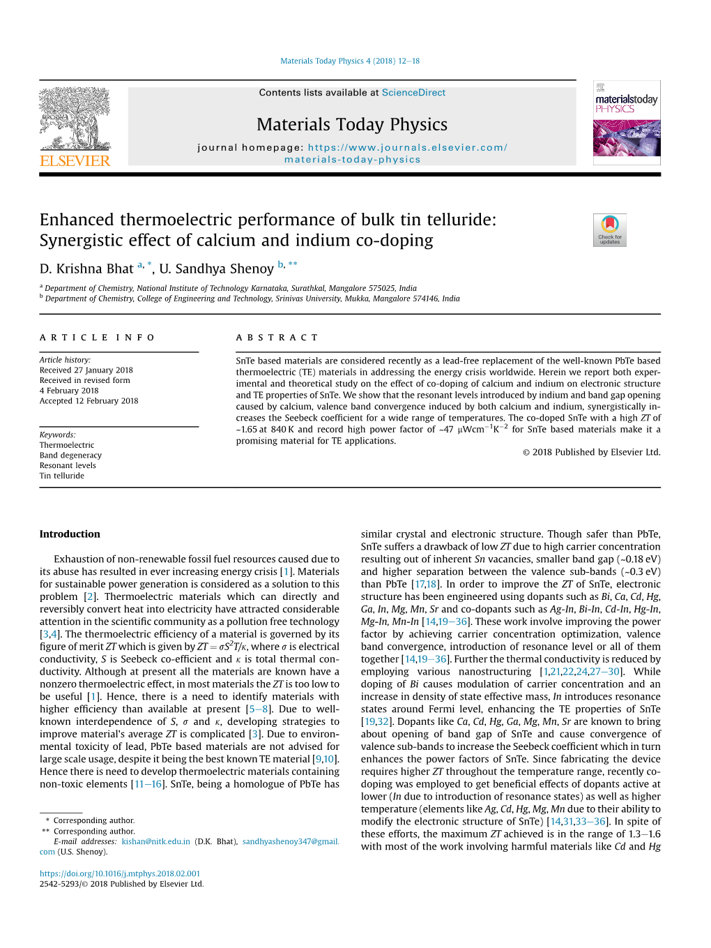 Enhanced Thermoelectric Performance of Bulk Tin Telluride: Synergistic Effect of Calcium and Indium Co-Doping