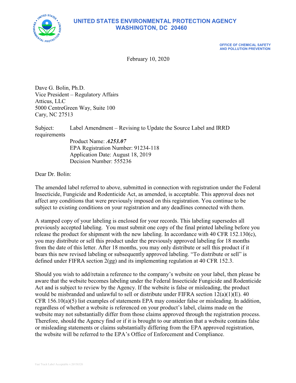 US EPA, Pesticide Product Label, A253.07 ,02/10/2020