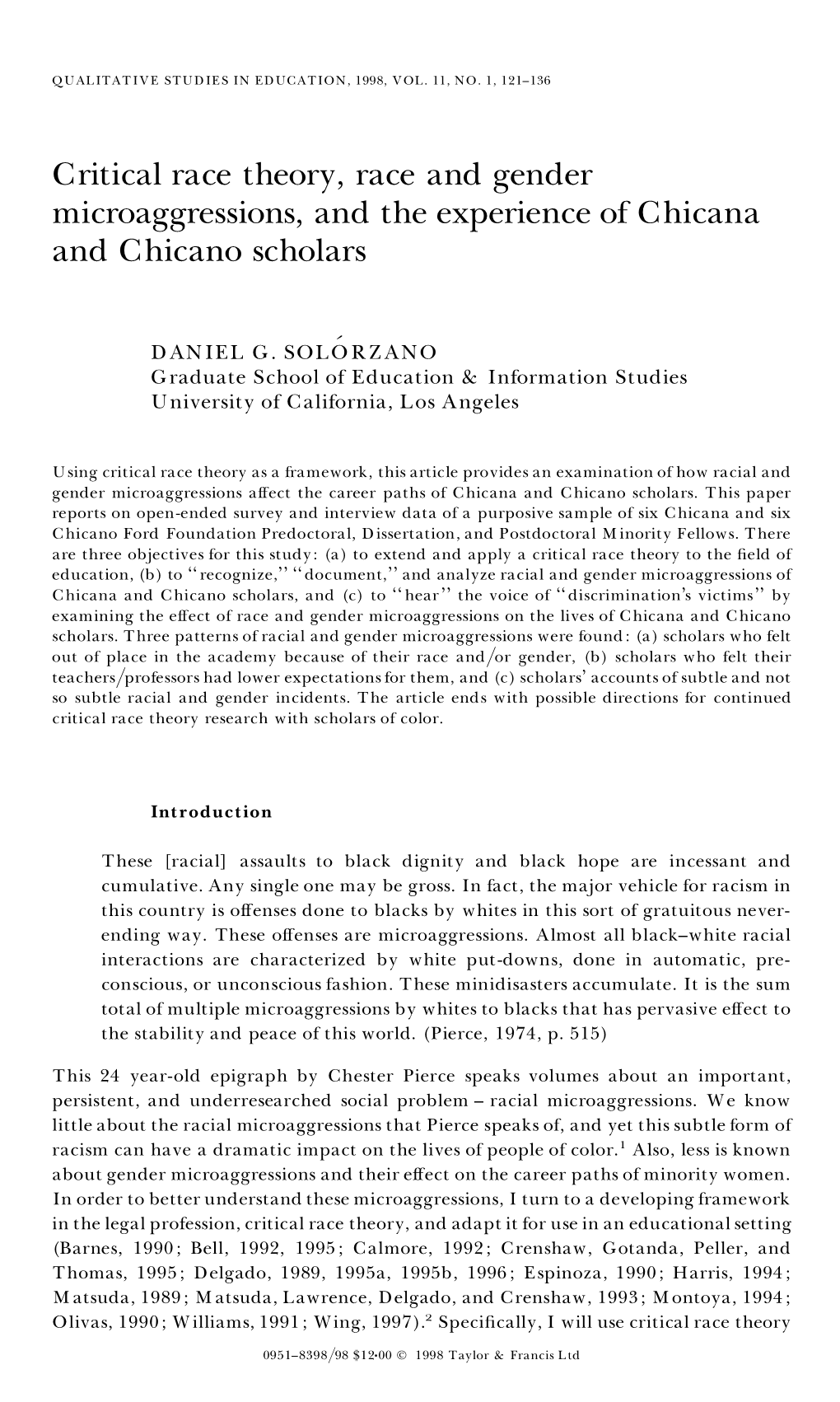 Critical Race Theory, Race and Gender Microaggressions, and the Experience of Chicana and Chicano Scholars