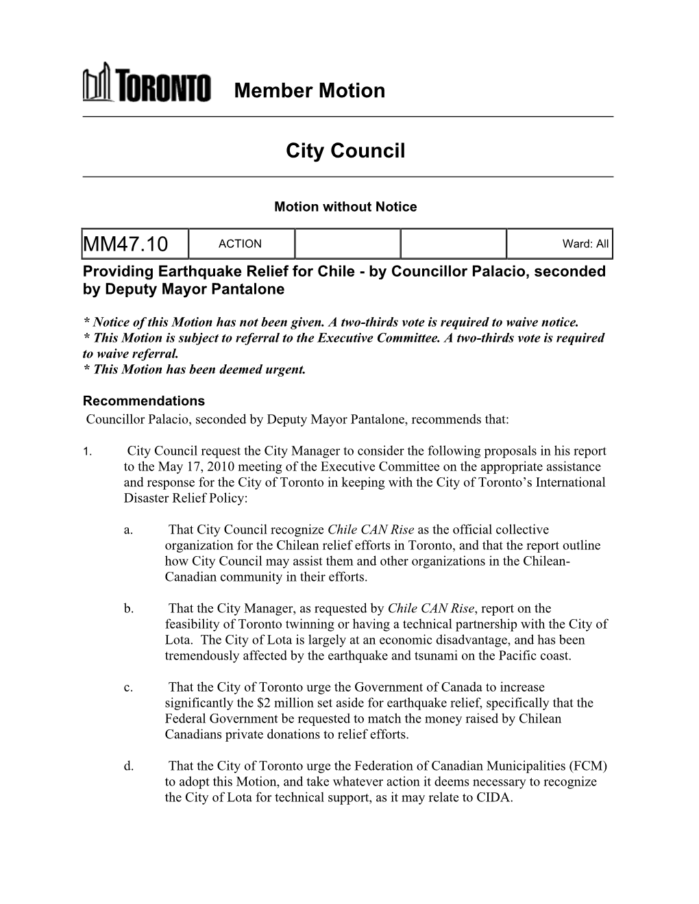 Member Motion City Council MM47.10