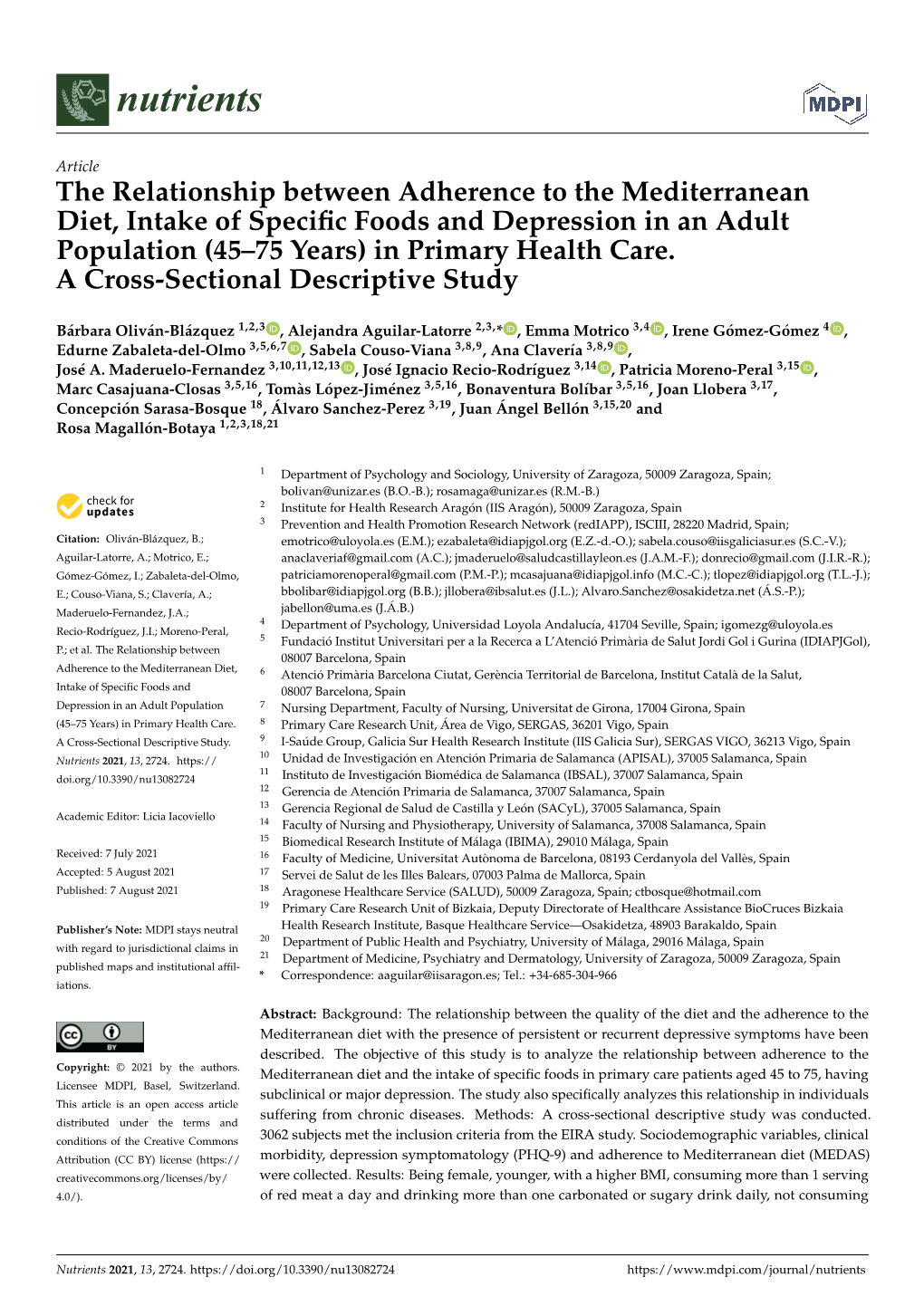 The Relationship Between Adherence to the Mediterranean Diet, Intake of Specific Foods and Depression in an Adult Population