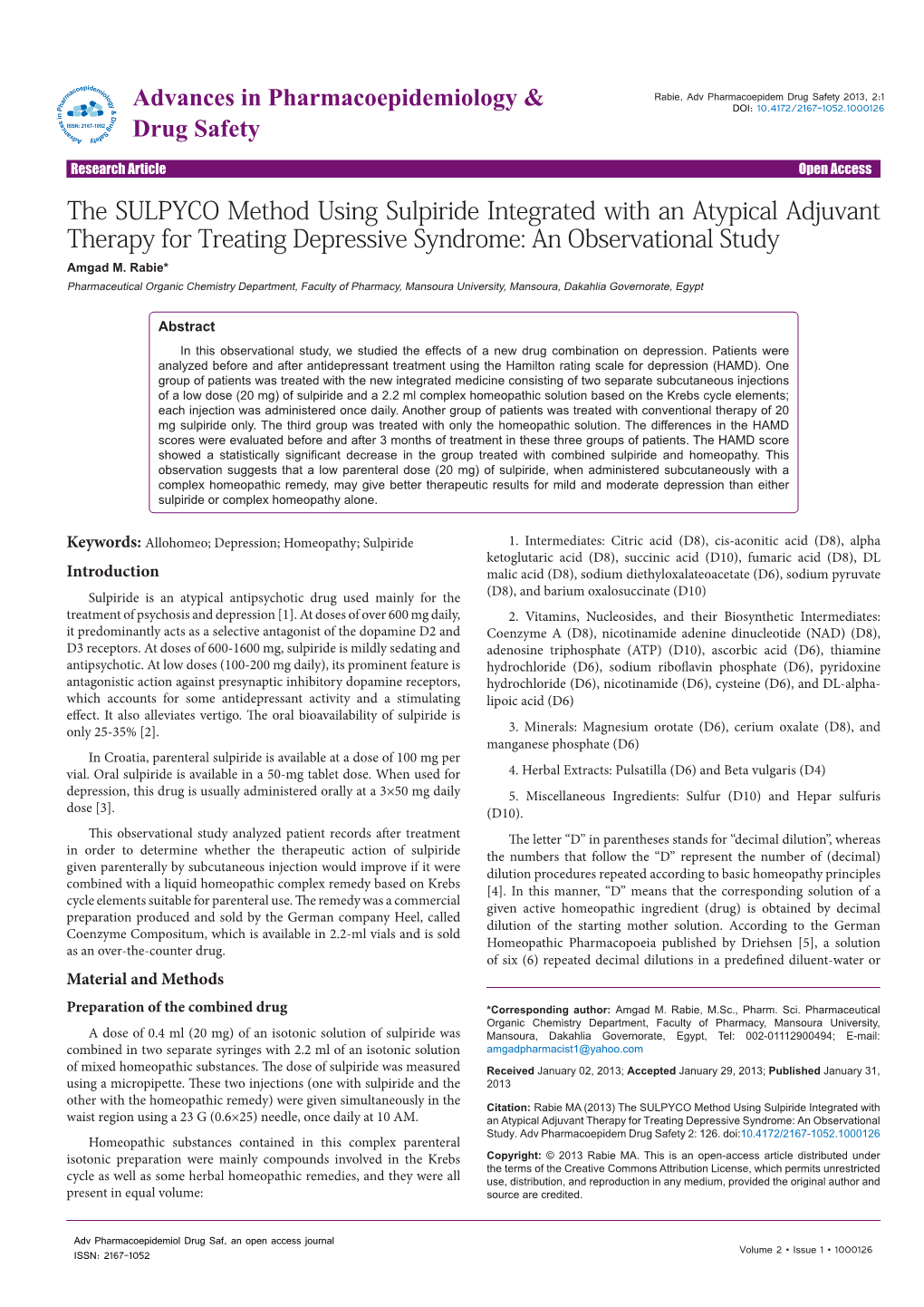 The SULPYCO Method Using Sulpiride Integrated with an Atypical Adjuvant Therapy for Treating Depressive Syndrome: an Observational Study Amgad M