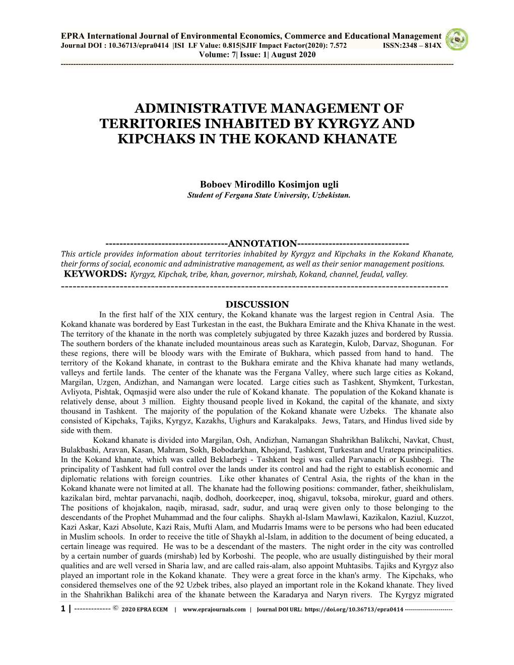 Administrative Management of Territories Inhabited by Kyrgyz and Kipchaks in the Kokand Khanate