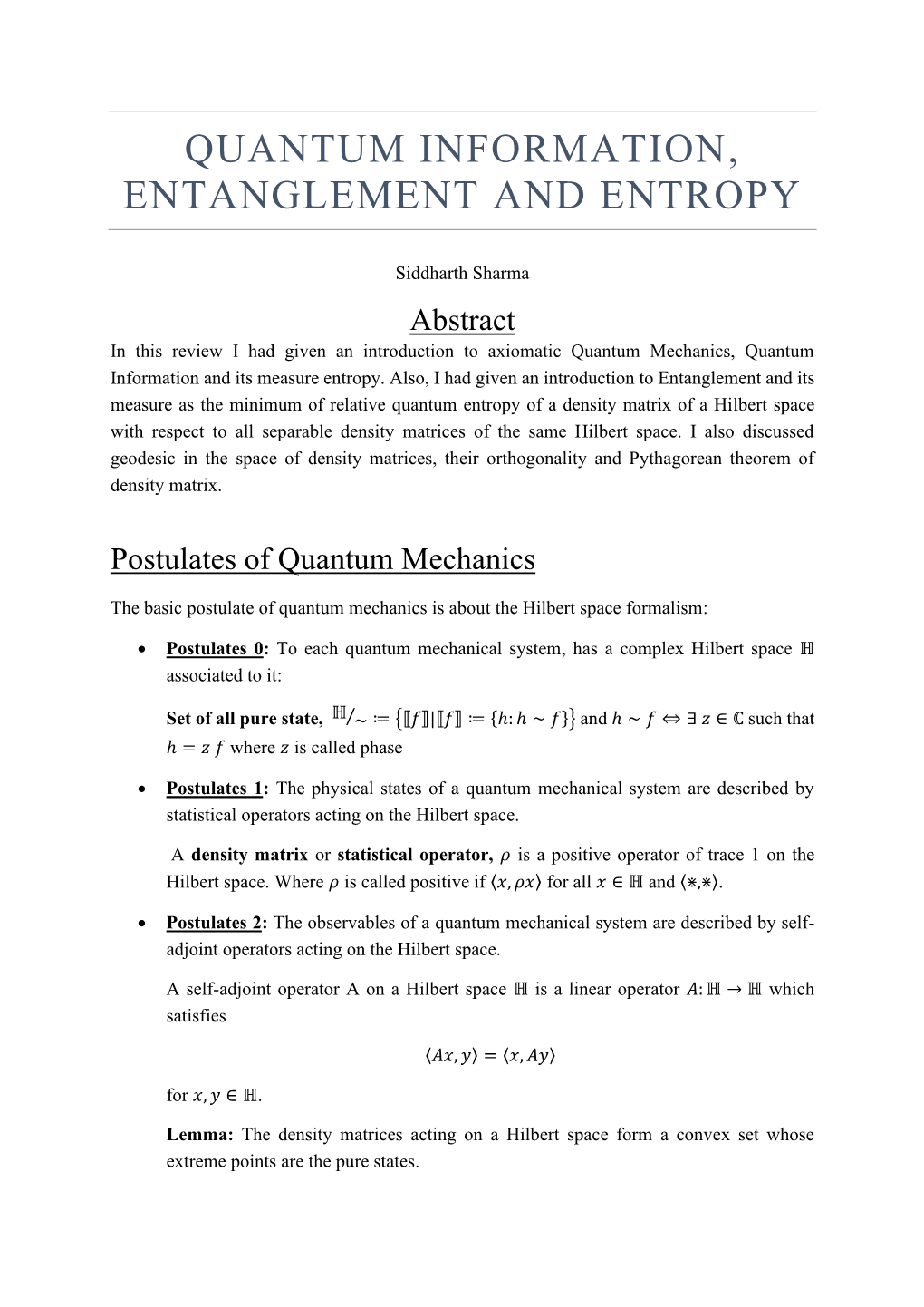 Quantum Information, Entanglement and Entropy