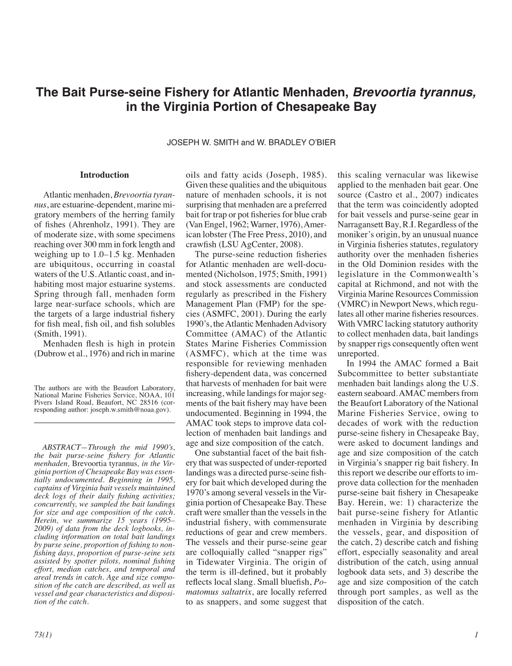 The Bait Purse-Seine Fishery for Atlantic Menhaden, Brevoortia Tyrannus, in the Virginia Portion of Chesapeake Bay