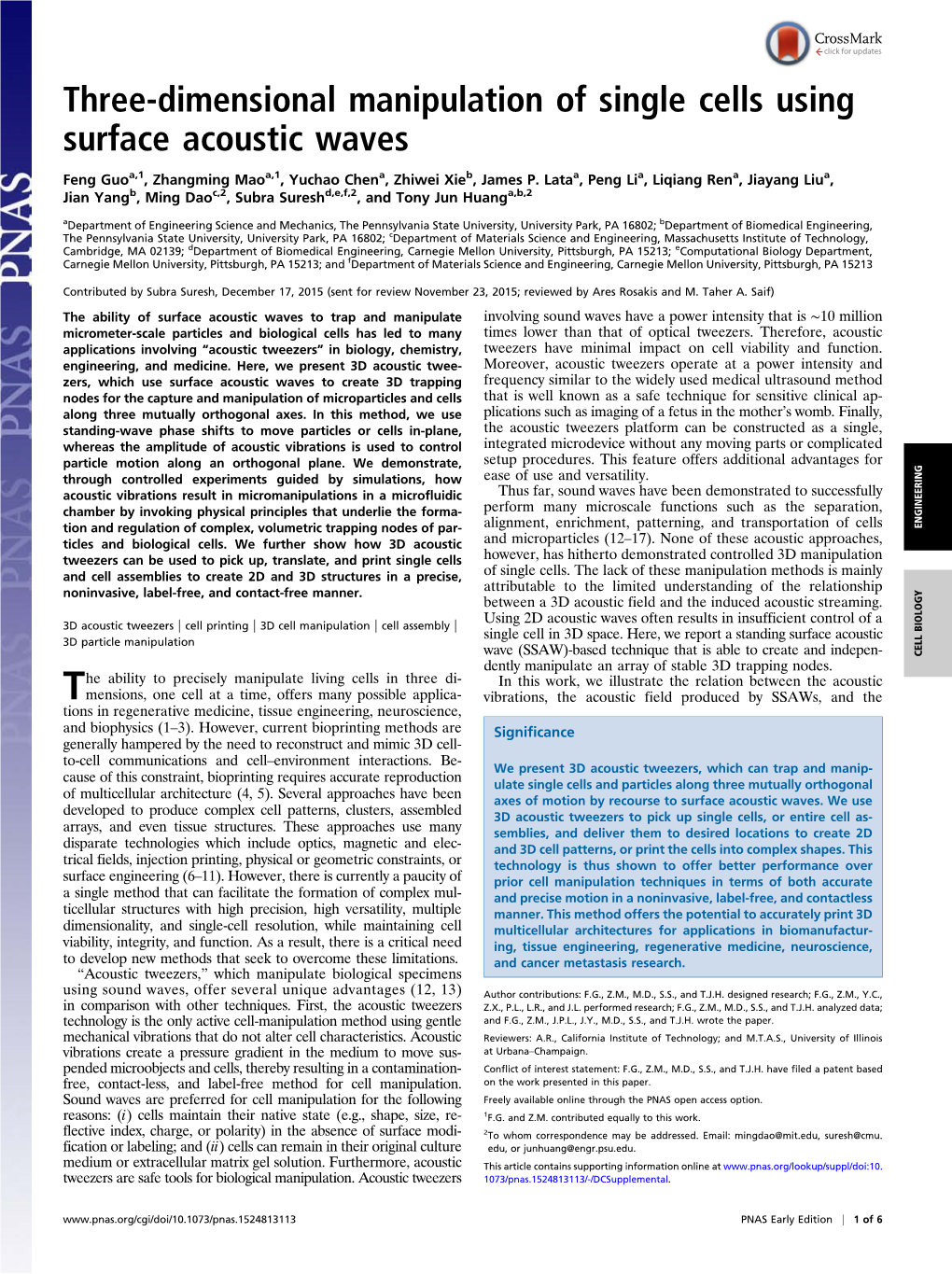 Three-Dimensional Manipulation of Single Cells Using Surface Acoustic Waves