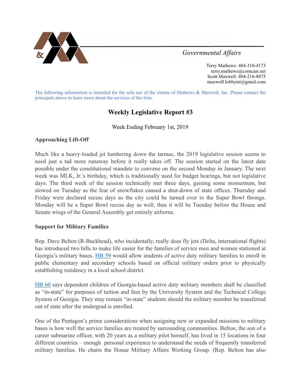 Weekly Legislative Report #3 02-1-19