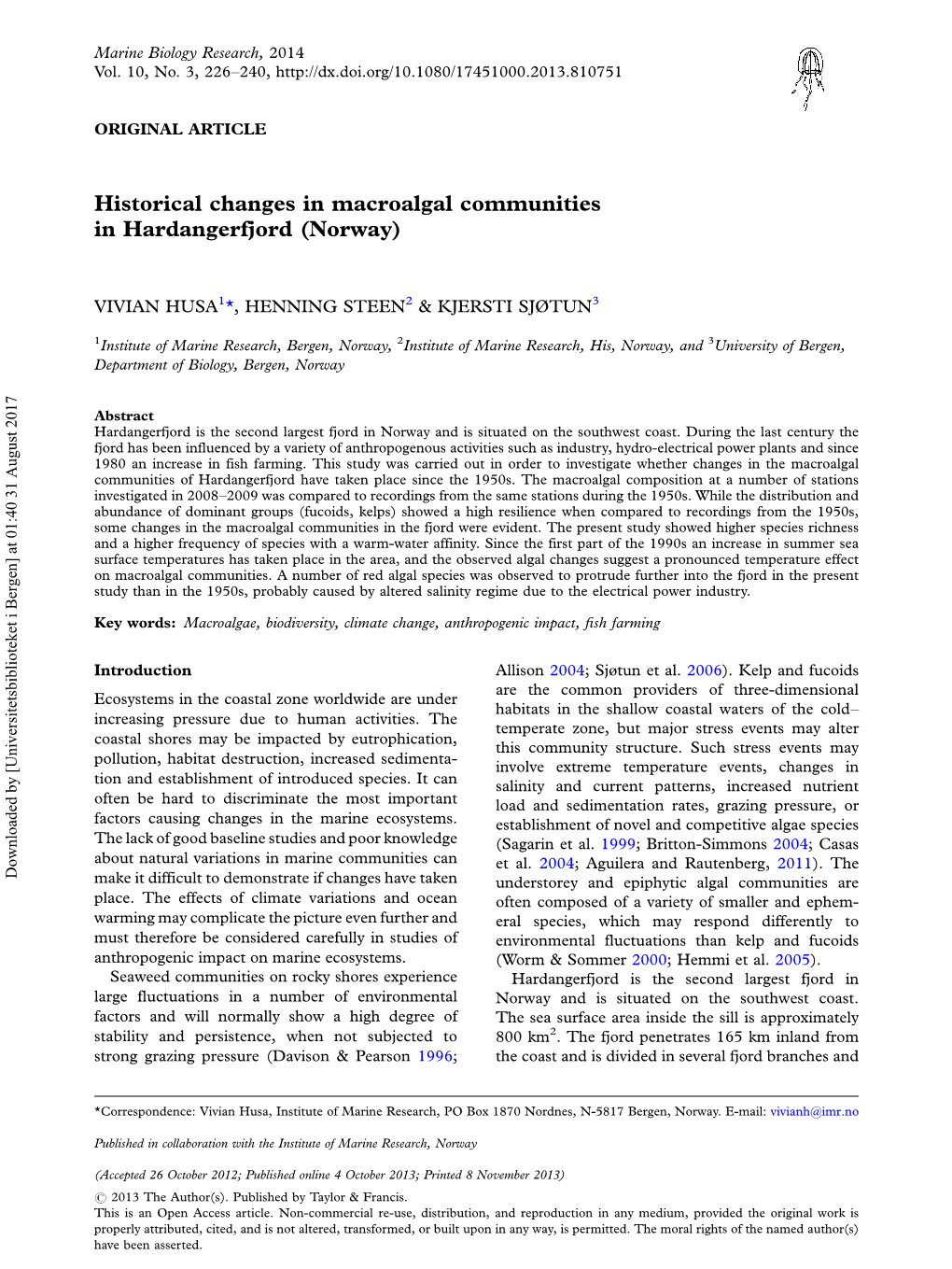 Historical Changes in Macroalgal Communities in Hardangerfjord (Norway)