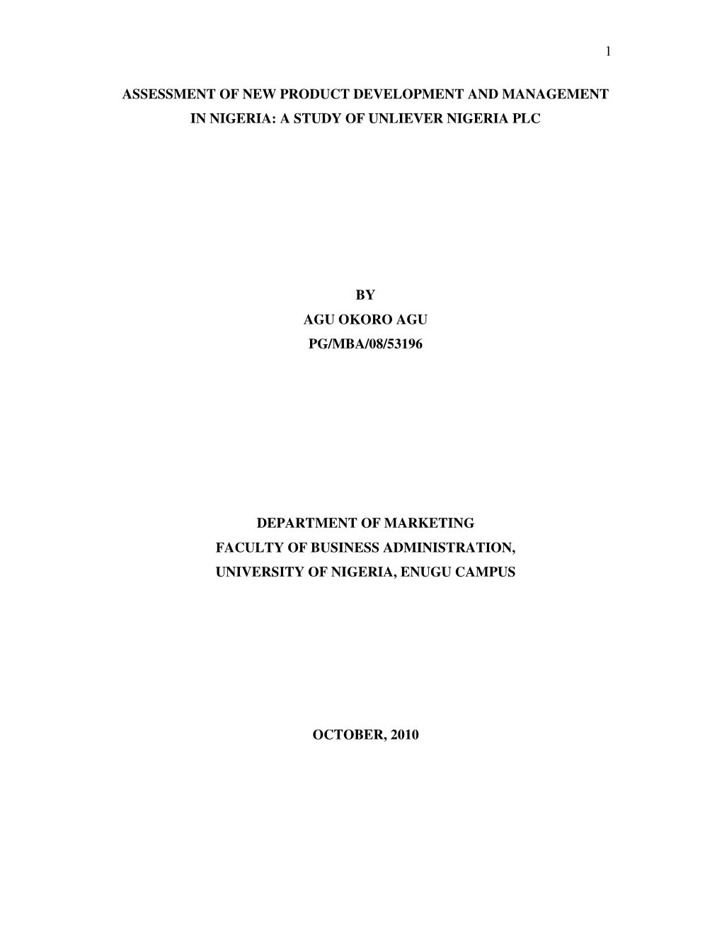 A Study of Unliever Nigeria Plc by Agu Okoro Agu Pg