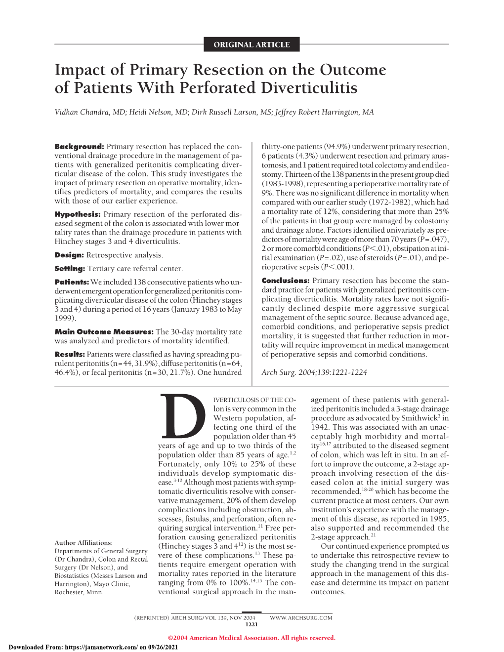 Impact of Primary Resection on the Outcome of Patients with Perforated Diverticulitis