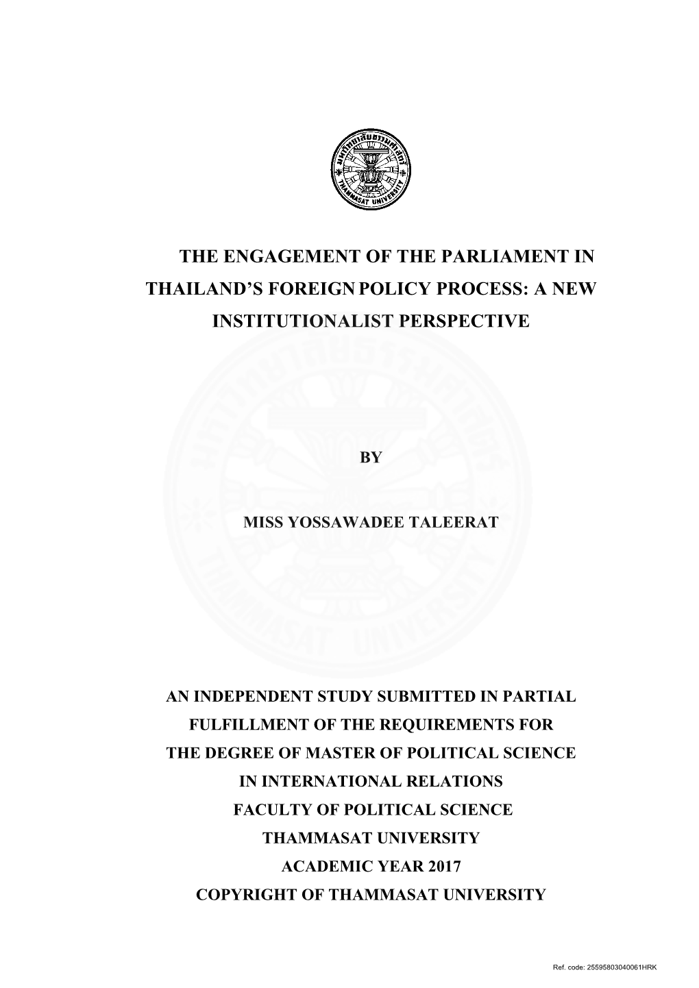 The Engagement of the Parliament in Thailand's Foreign Policy Process