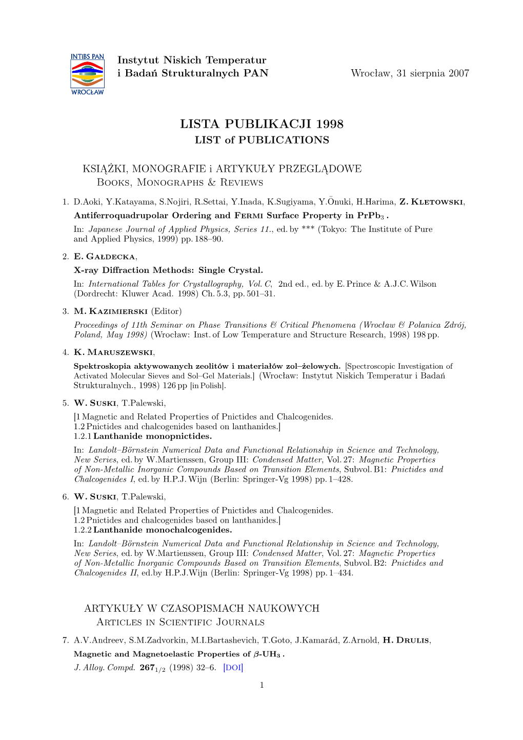 1998 LIST of PUBLICATIONS