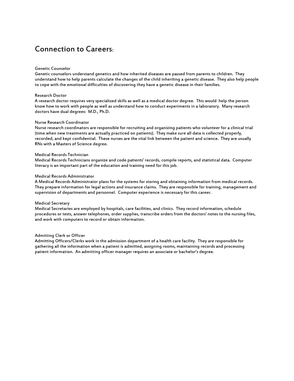 Connection to Careers