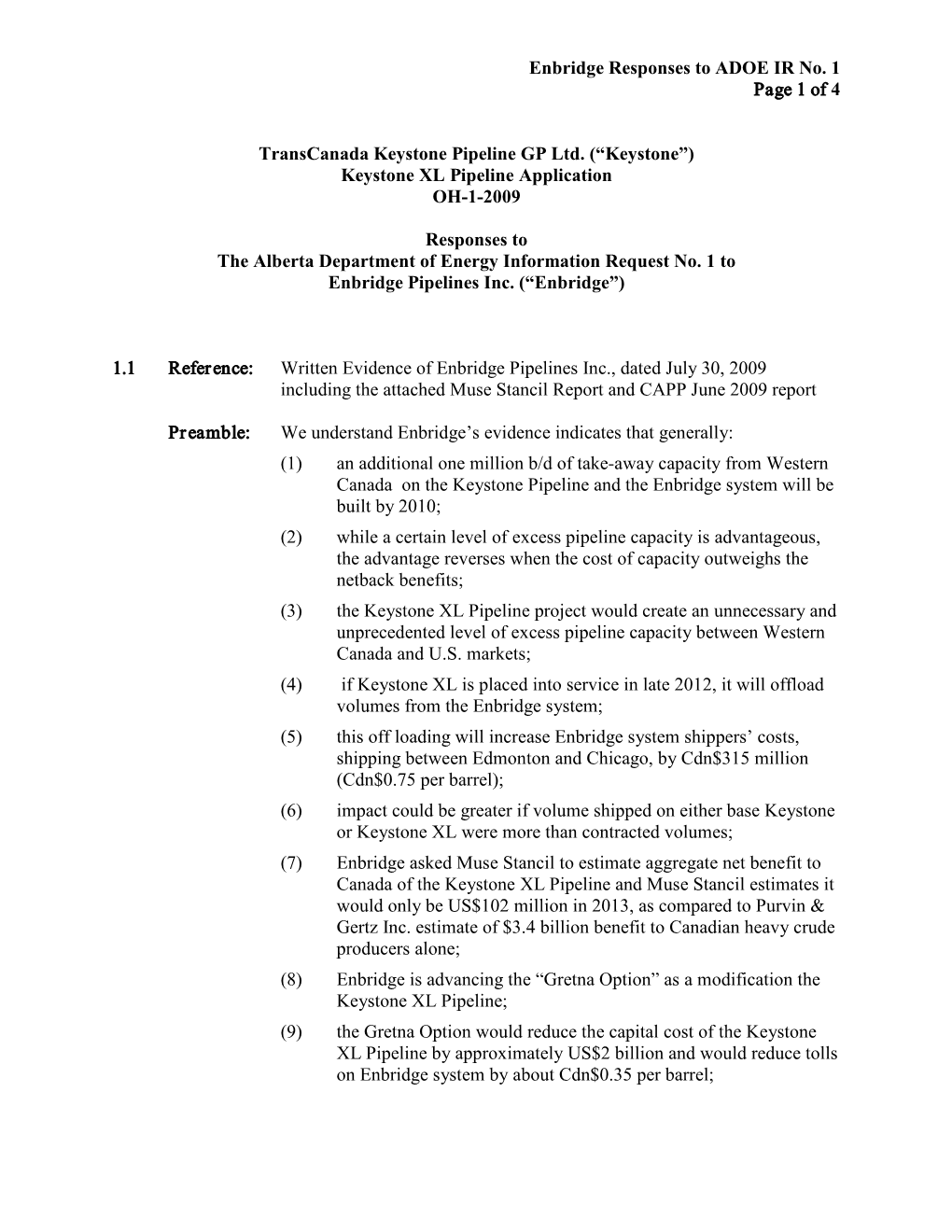 Enbridge Responses to ADOE IR No. 1 Page 1 of 4 Transcanada