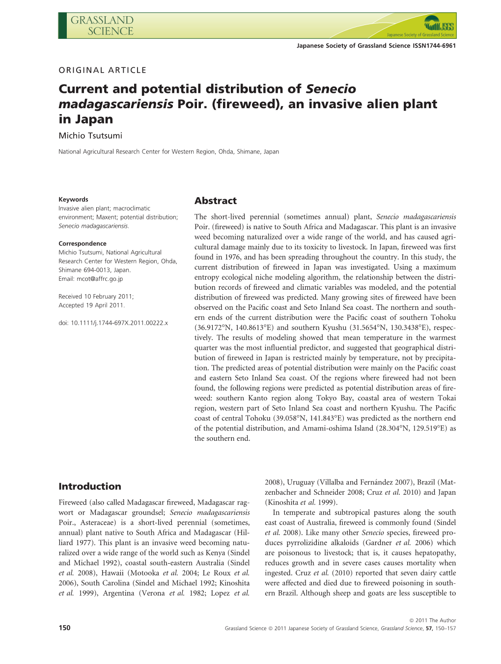 Current and Potential Distribution of Senecio Madagascariensis Poir