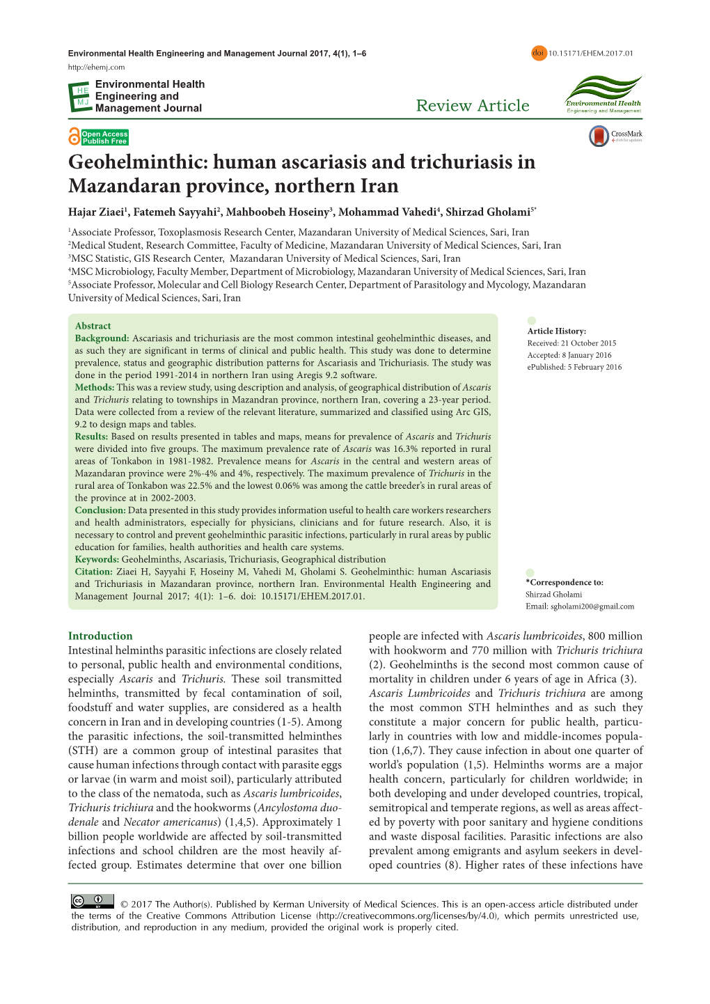 Human Ascariasis and Trichuriasis in Mazandaran Province, Northern Iran