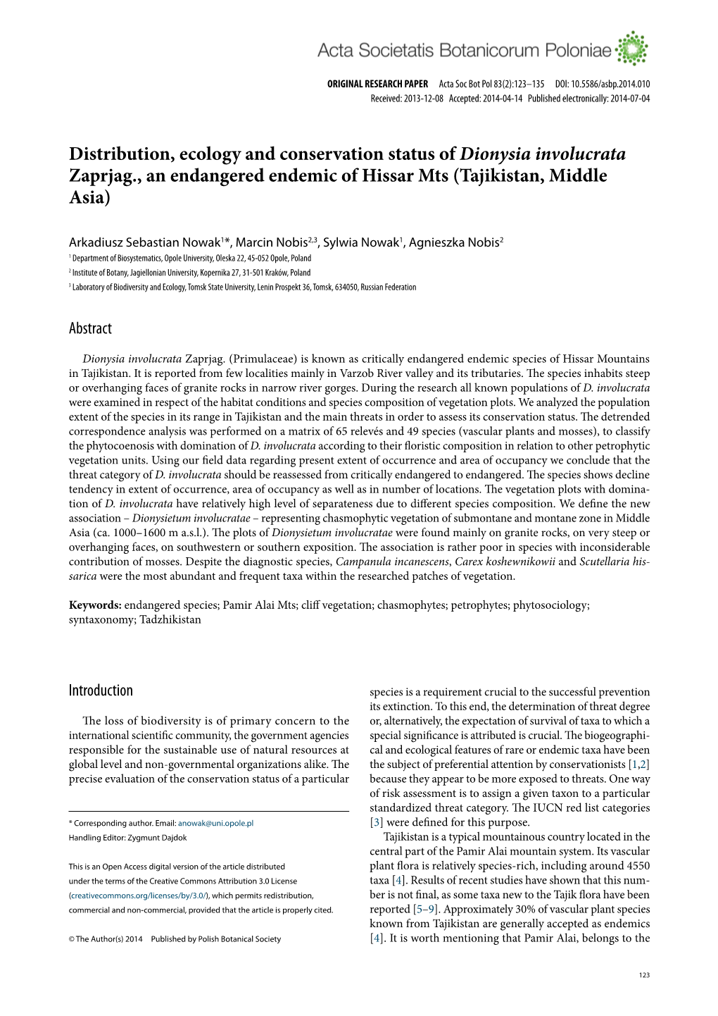 Distribution, Ecology and Conservation Status of Dionysia Involucrata Zaprjag., an Endangered Endemic of Hissar Mts (Tajikistan, Middle Asia)