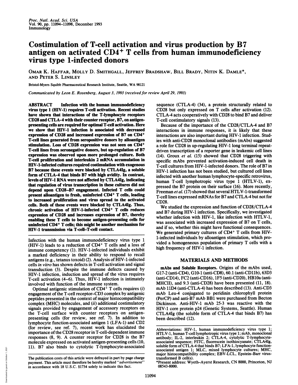 Costimulation of T-Cell Activation and Virus Production by B7 Antigen on Activated CD4+ T Cells from Human Immunodeficiency Virus Type 1-Infected Donors OMAR K