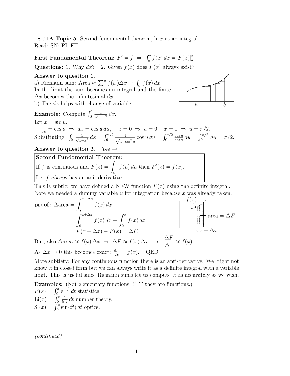 18.01A Topic 5: Second Fundamental Theorem, Lnx As an Integral. Read