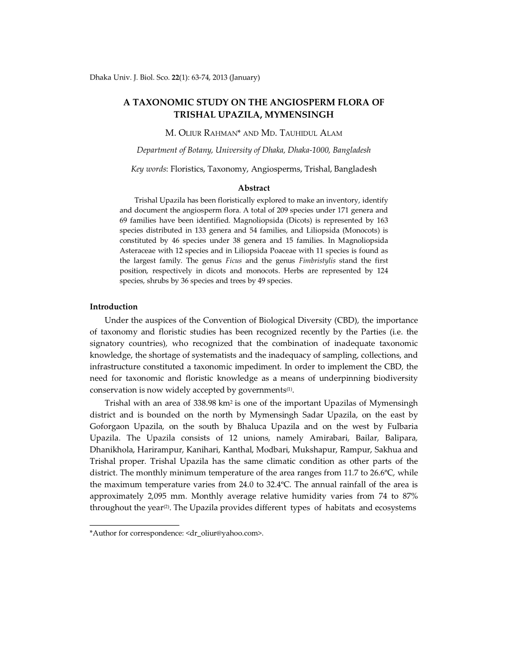 A Taxonomic Study on the Angiosperm Flora of Trishal Upazila, Mymensingh