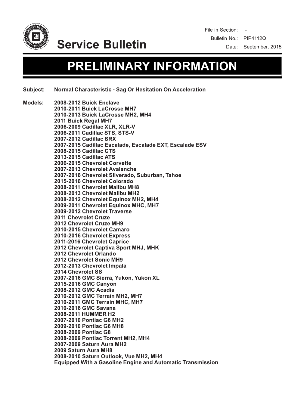 Service Bulletin PRELIMINARY INFORMATION