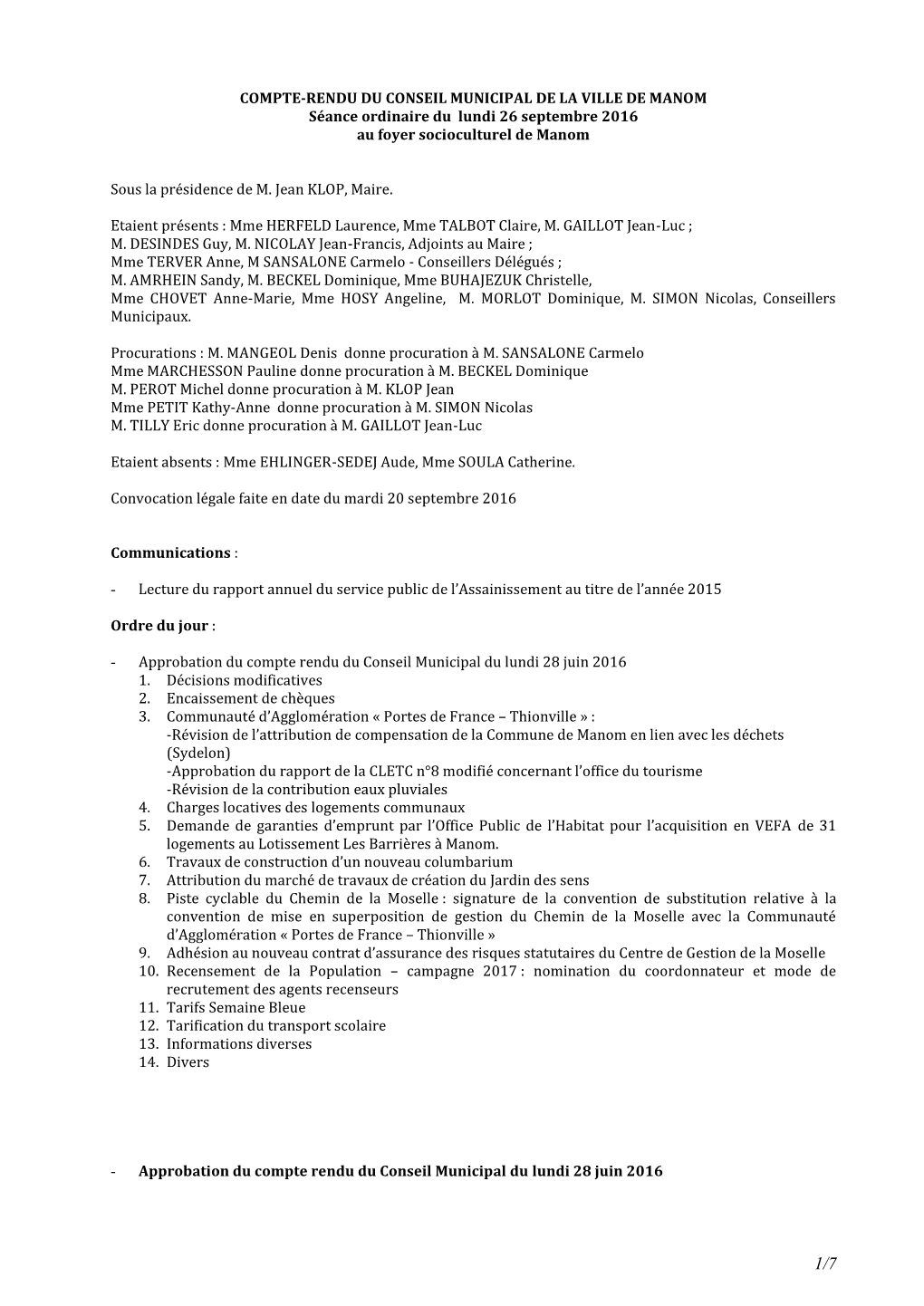 Compte-Rendu Conseil Municipal De La Ville De Manom Du Lundi 26 Septembre 2016