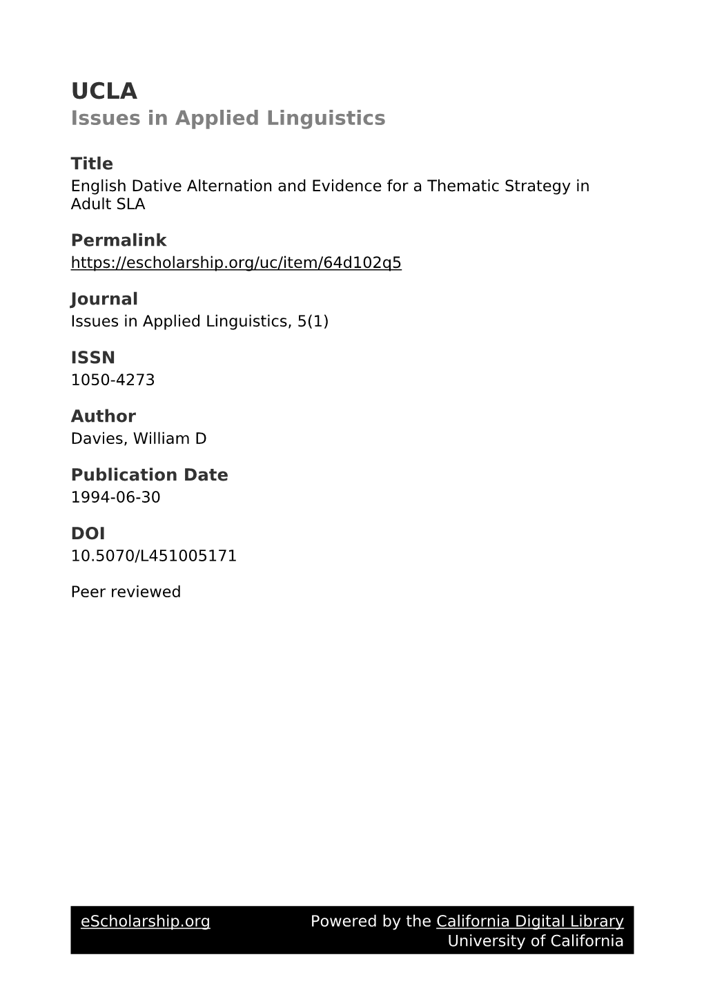 English Dative Alternation and Evidence for a Thematic Strategy in Adult SLA