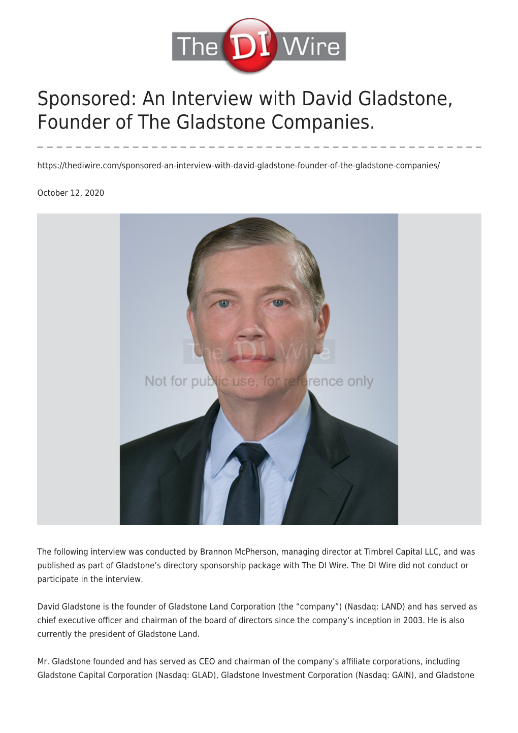 Sponsored: an Interview with David Gladstone, Founder of the Gladstone Companies