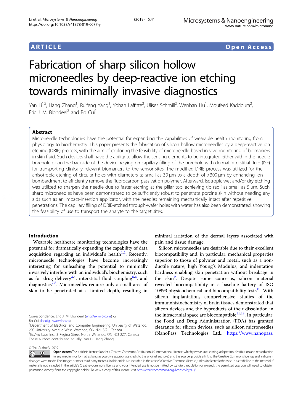 Fabrication of Sharp Silicon Hollow Microneedles by Deep-Reactive Ion