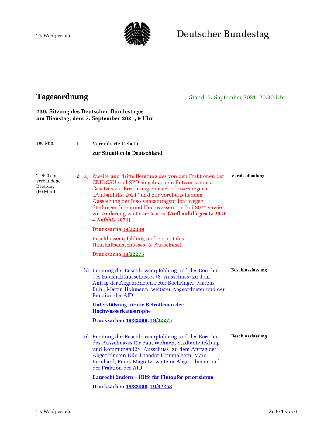 Amtliche Tagesordnung Der 239. Sitzung Des 19. Deutschen