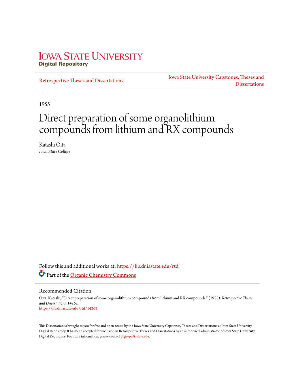 Direct Preparation of Some Organolithium Compounds from Lithium and RX Compounds Katashi Oita Iowa State College