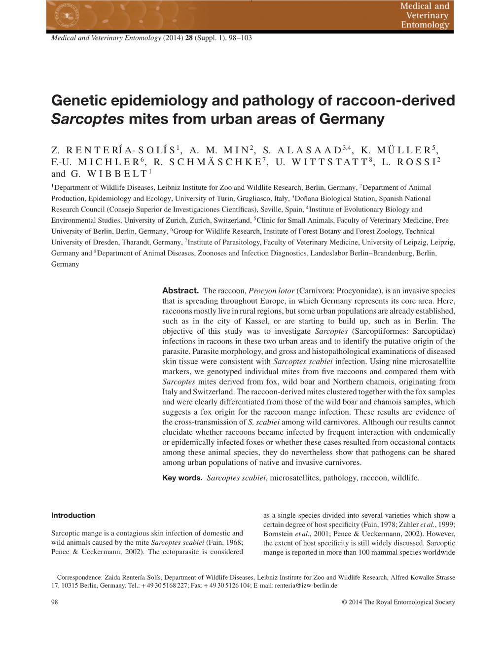 Genetic Epidemiology and Pathology of Raccoon-Derived Sarcoptes Mites from Urban Areas of Germany