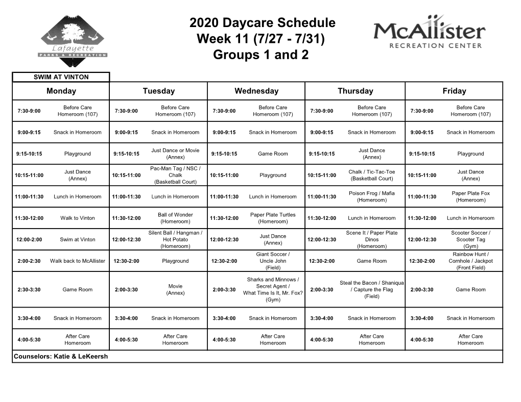 2020 Daycare Schedule Week 11 (7/27 - 7/31) Groups 1 and 2