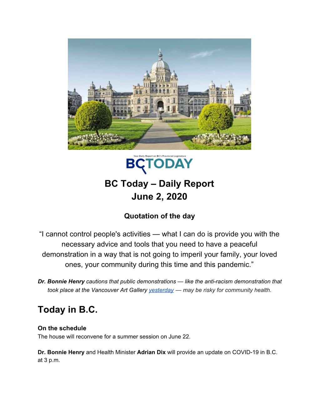 Daily Report June 2, 2020 Today in BC