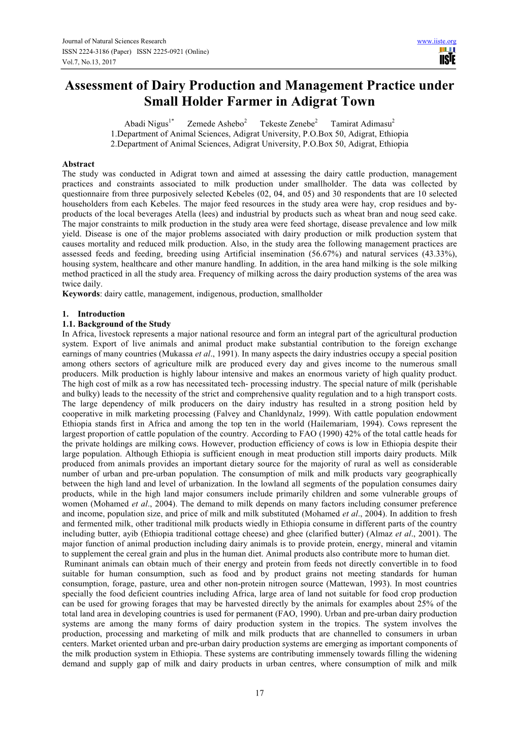 Assessment of Dairy Production and Management Practice Under Small Holder Farmer in Adigrat Town