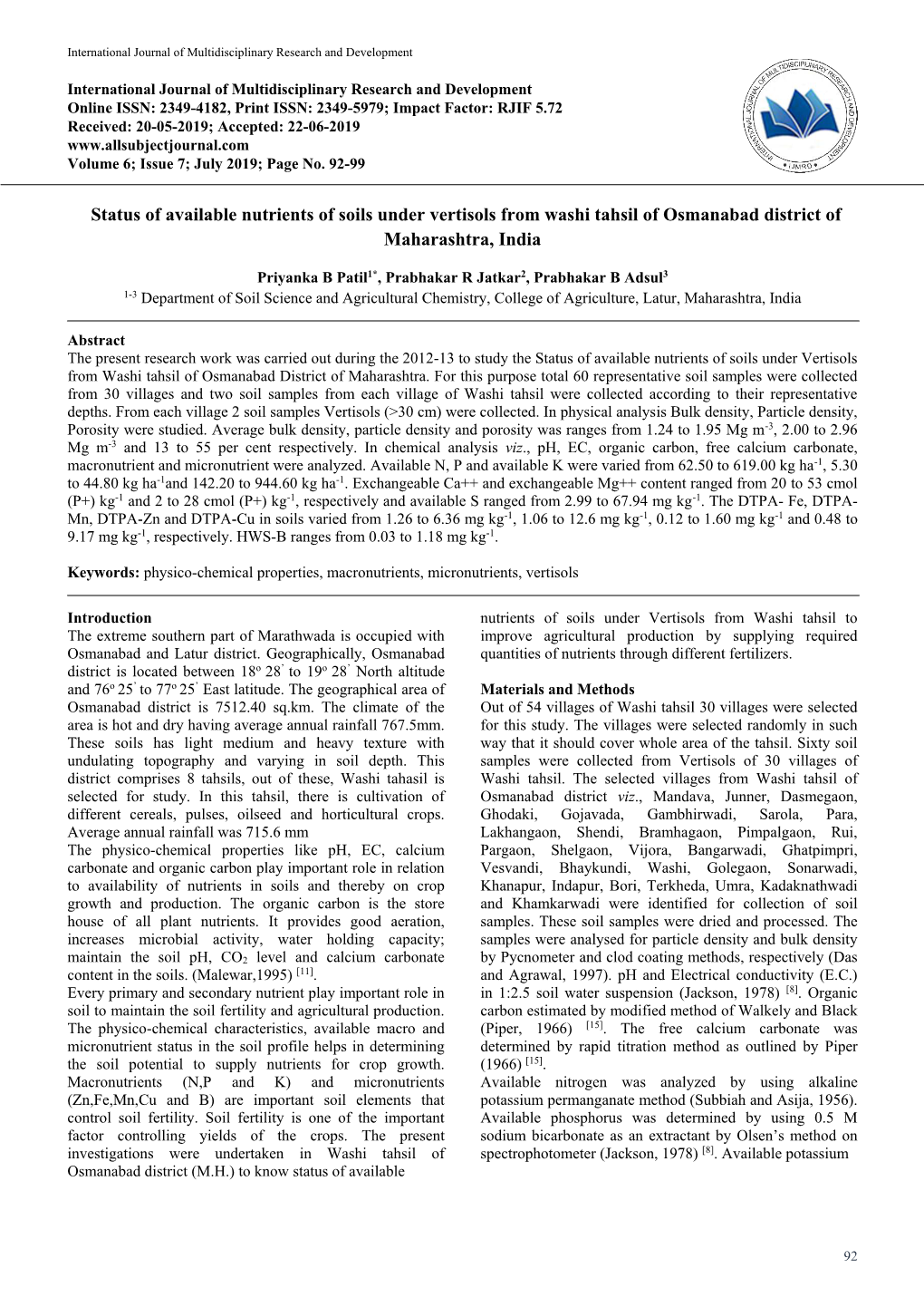 Status of Available Nutrients of Soils Under Vertisols from Washi Tahsil of Osmanabad District of Maharashtra, India