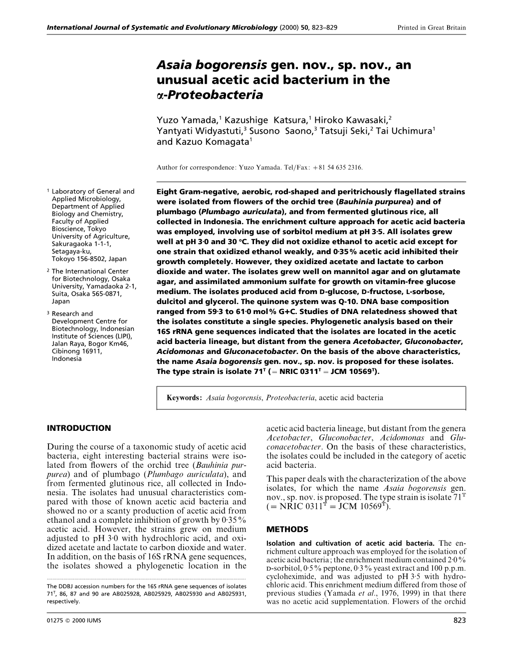 Asaia Bogorensis Gen. Nov., Sp. Nov., an Unusual Acetic Acid Bacterium in the Α-Proteobacteria