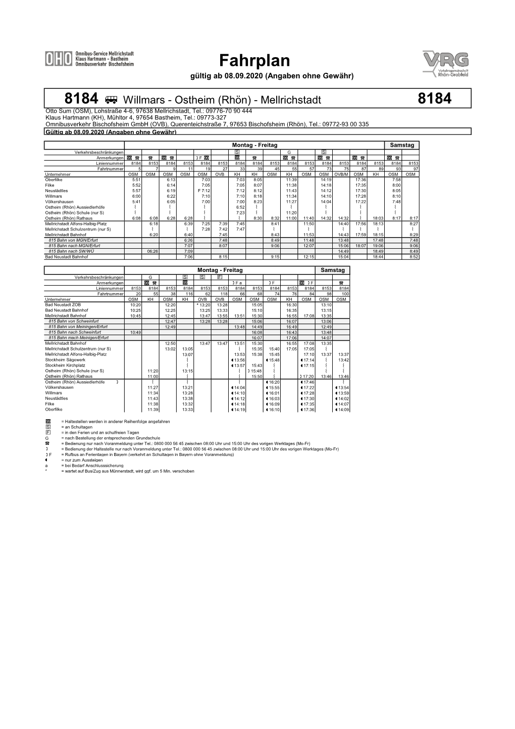 Fahrplanfahrplan Gültig Ab 08.09.2020 (Angaben Ohne Gewähr)