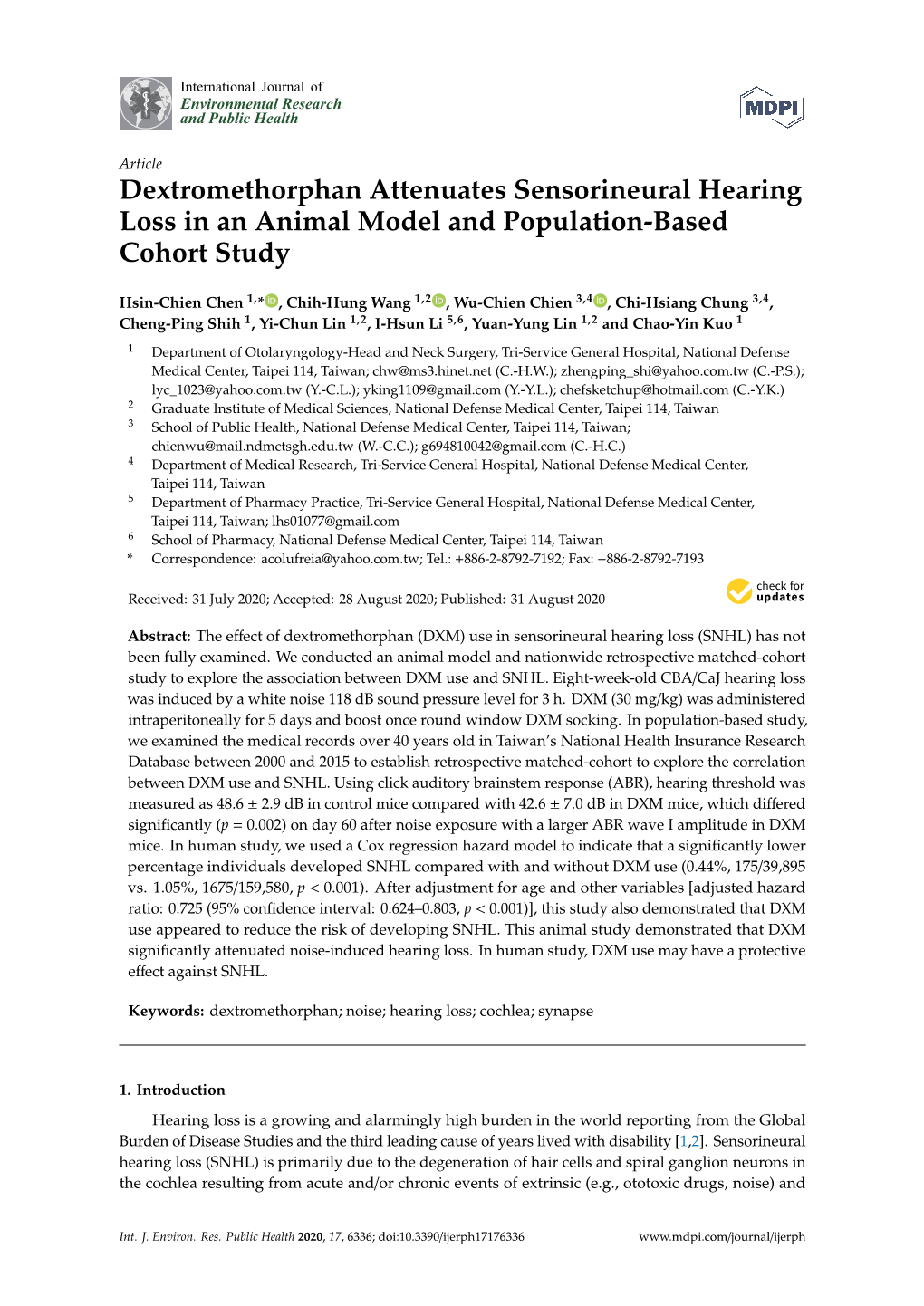 Dextromethorphan Attenuates Sensorineural Hearing Loss in an Animal Model and Population-Based Cohort Study