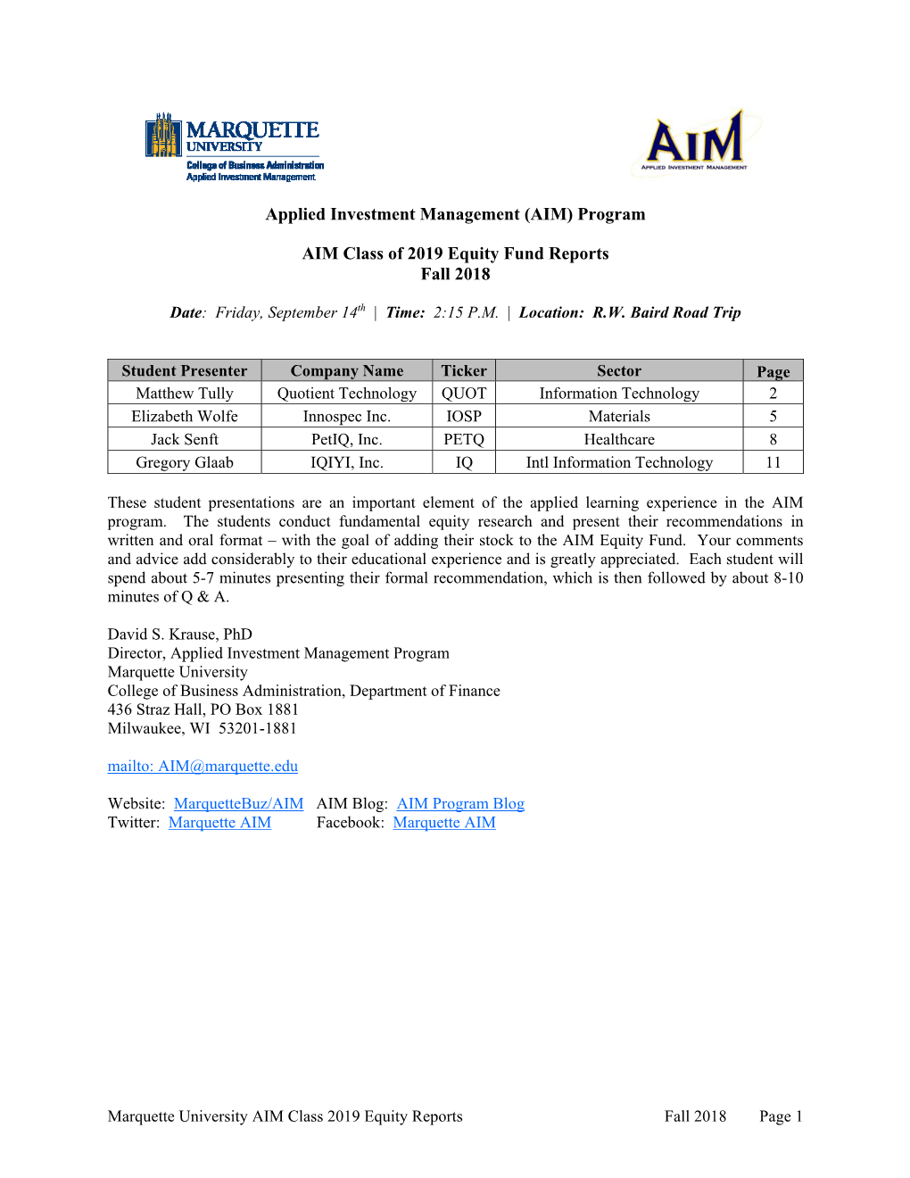 Program AIM Class of 2019 Equity Fund Reports Fall 2018