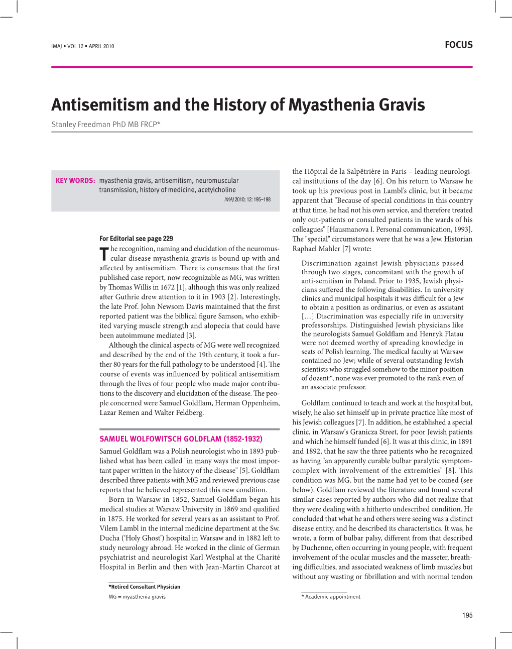 Antisemitism and the History of Myasthenia Gravis Stanley Freedman Phd MB FRCP*