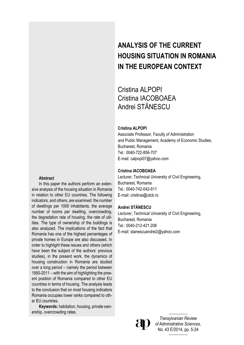 Analysis of the Current Housing Situation in Romania in the European Context