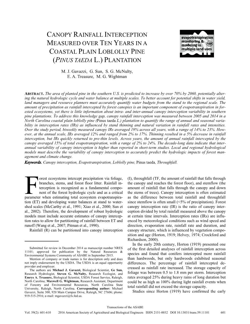 Canopy Rainfall Interception Measured Over 10 Years in a Coastal Plain Loblolly Pine