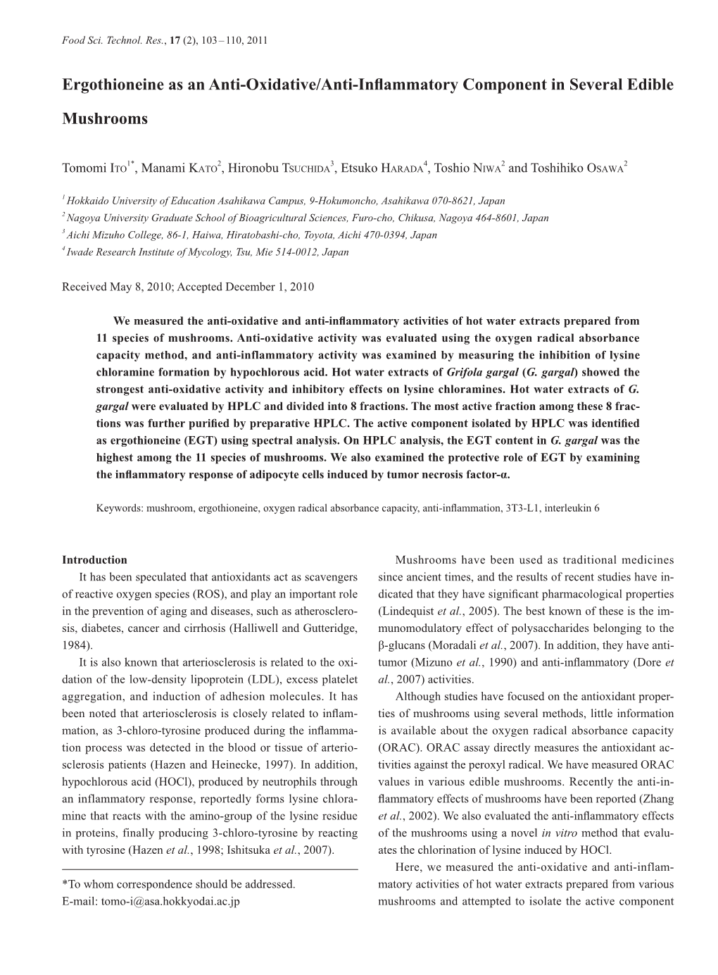 Ergothioneine As an Anti-Oxidative/Anti-Inflammatory Component in Several Edible Mushrooms