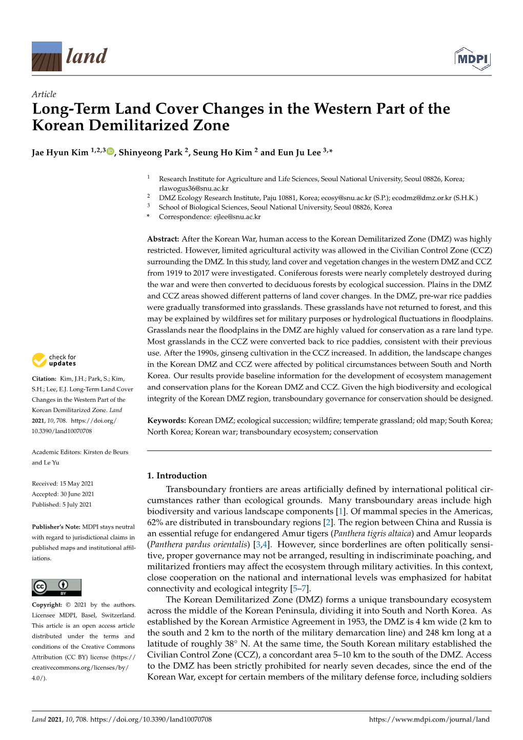 Long-Term Land Cover Changes in the Western Part of the Korean Demilitarized Zone