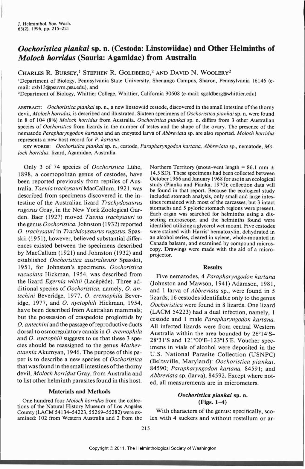 Oochoristica Piankai Sp. N. (Cestoda: Linstowiidae) and Other Helminths of Moloch Horridus (Sauria: Agamidae) from Australia