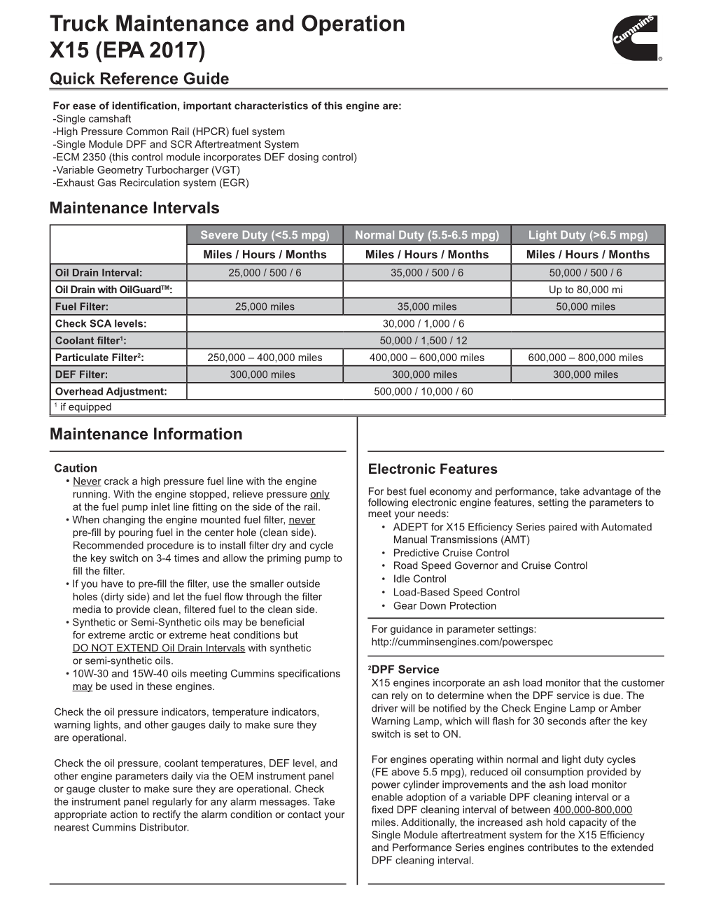 Truck Maintenance and Operation X15 (EPA 2017) Quick Reference Guide