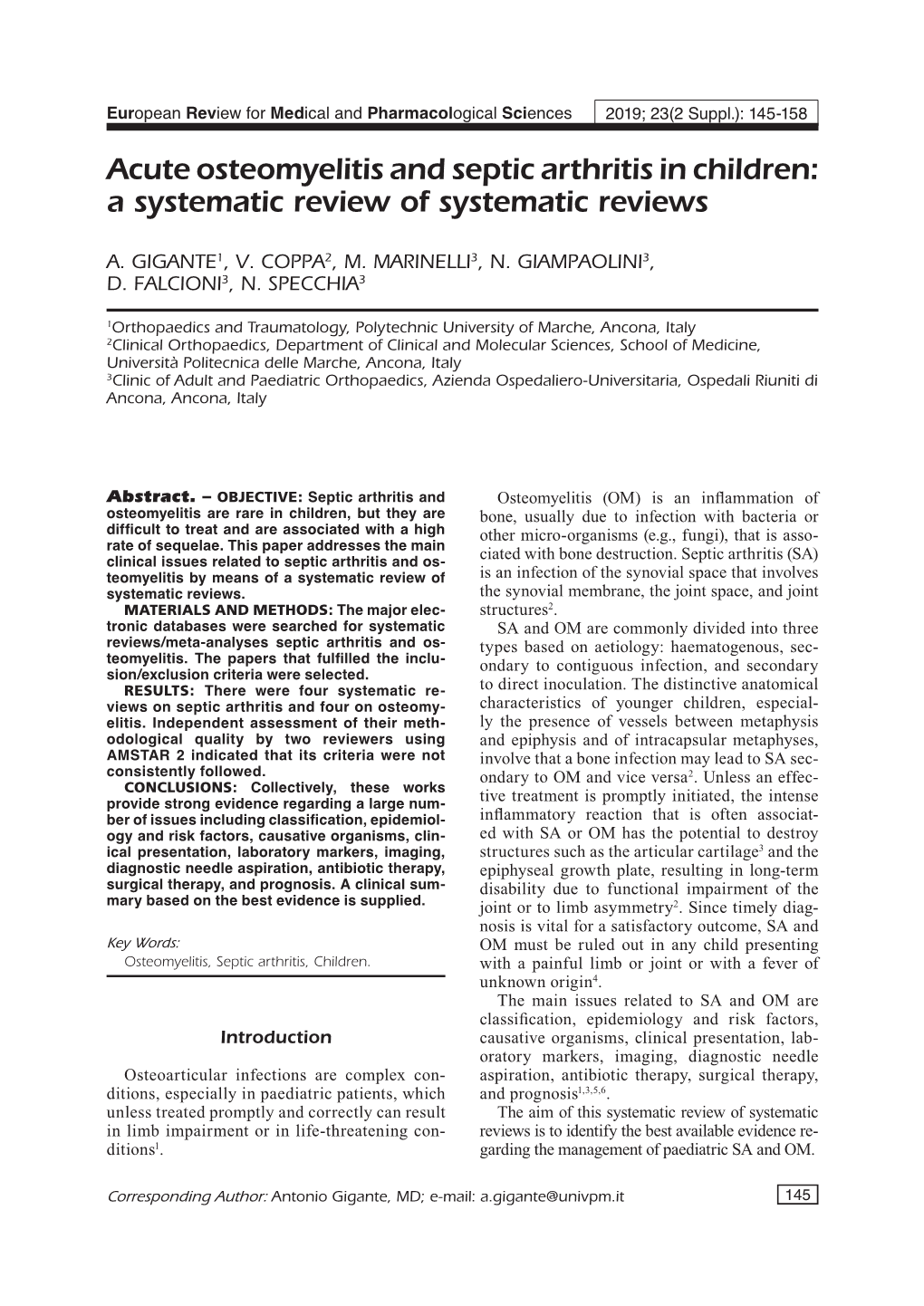 Acute Osteomyelitis and Septic Arthritis in Children: a Systematic Review of Systematic Reviews